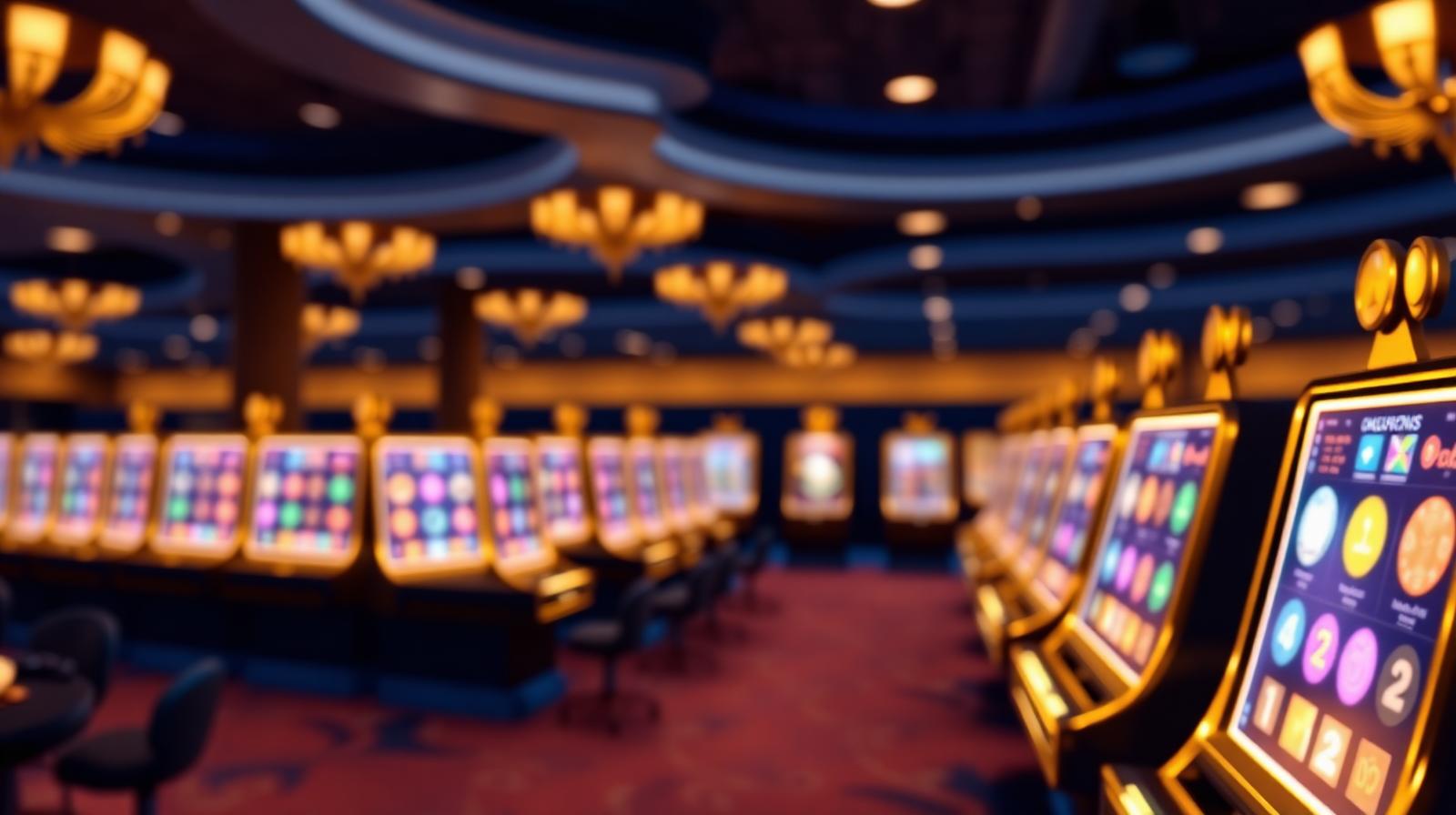 Sfeervolle casino lobby met warme verlichting en speelautomaten