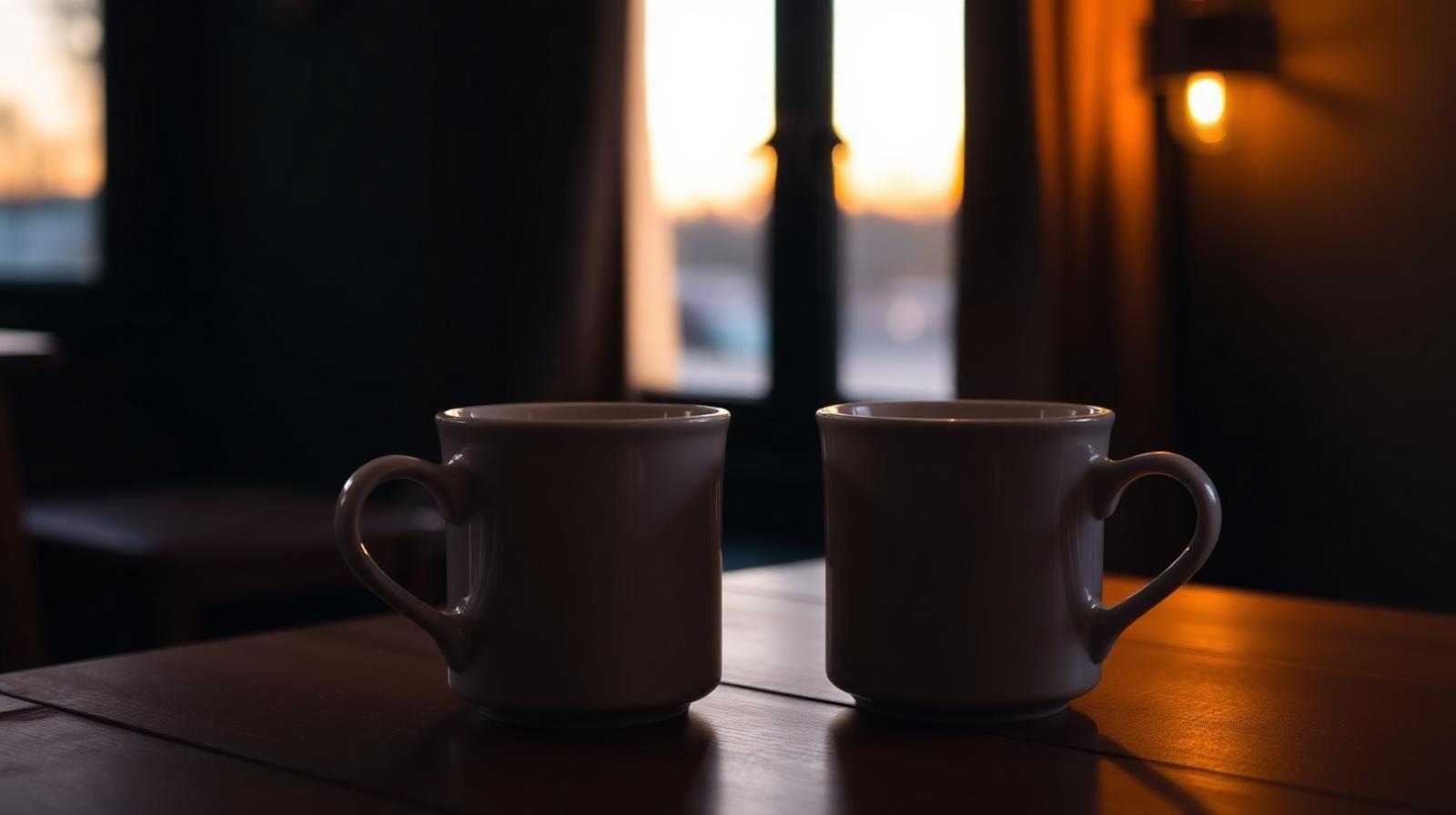 Twee warme keramieken mokken op een houten tafel bij avondlicht