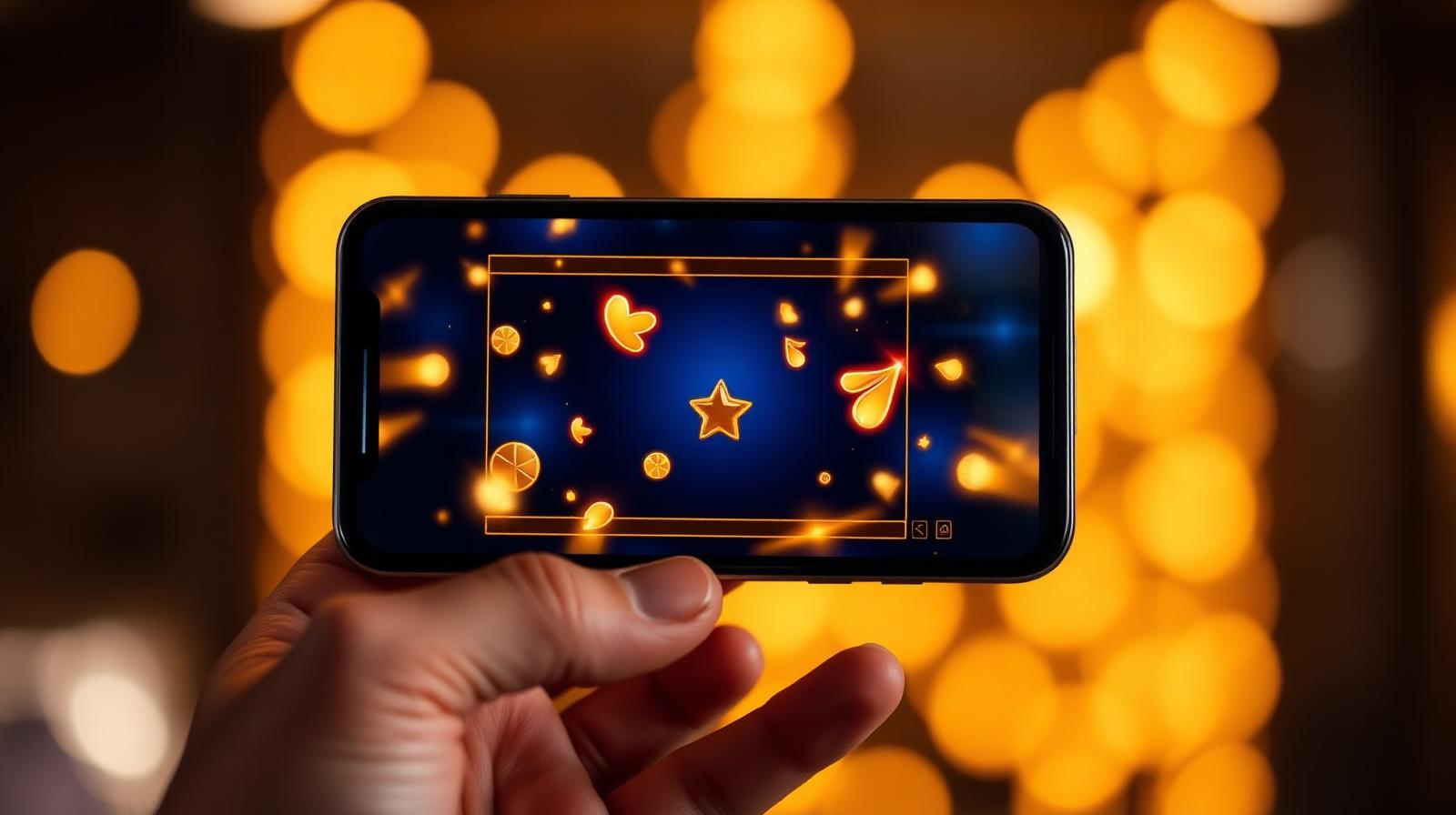 Speler met smartphone die een online slot opent met warme bokeh op de achtergrond